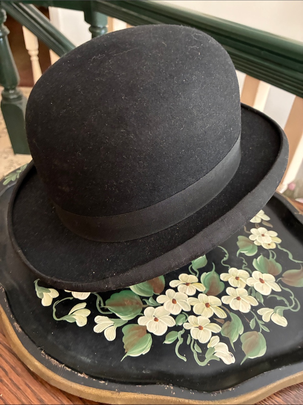 Antique Black Felt Bowler Hat with Grosgrain Band